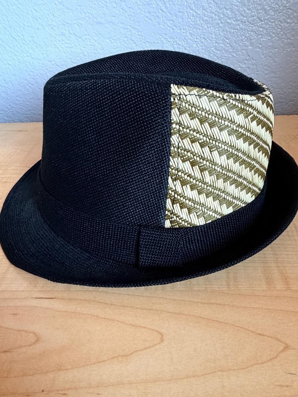 Black Fedora Hat with Olive and Cream Woven Accent